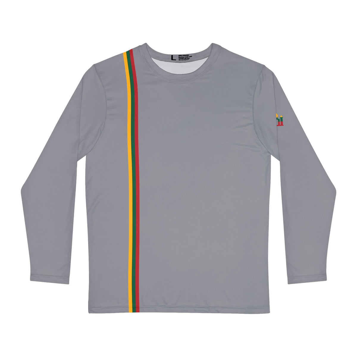 Men's Long Sleeve Shirt, Lithuanian Flag Stripe, front; Stebukla with Solar Cross, back. Heather Gray