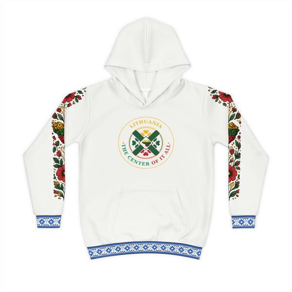 Crisp White Lithuanian Cosmic Tree Heart Design-Center of it All Youth Hoodie with Flower Sleeve