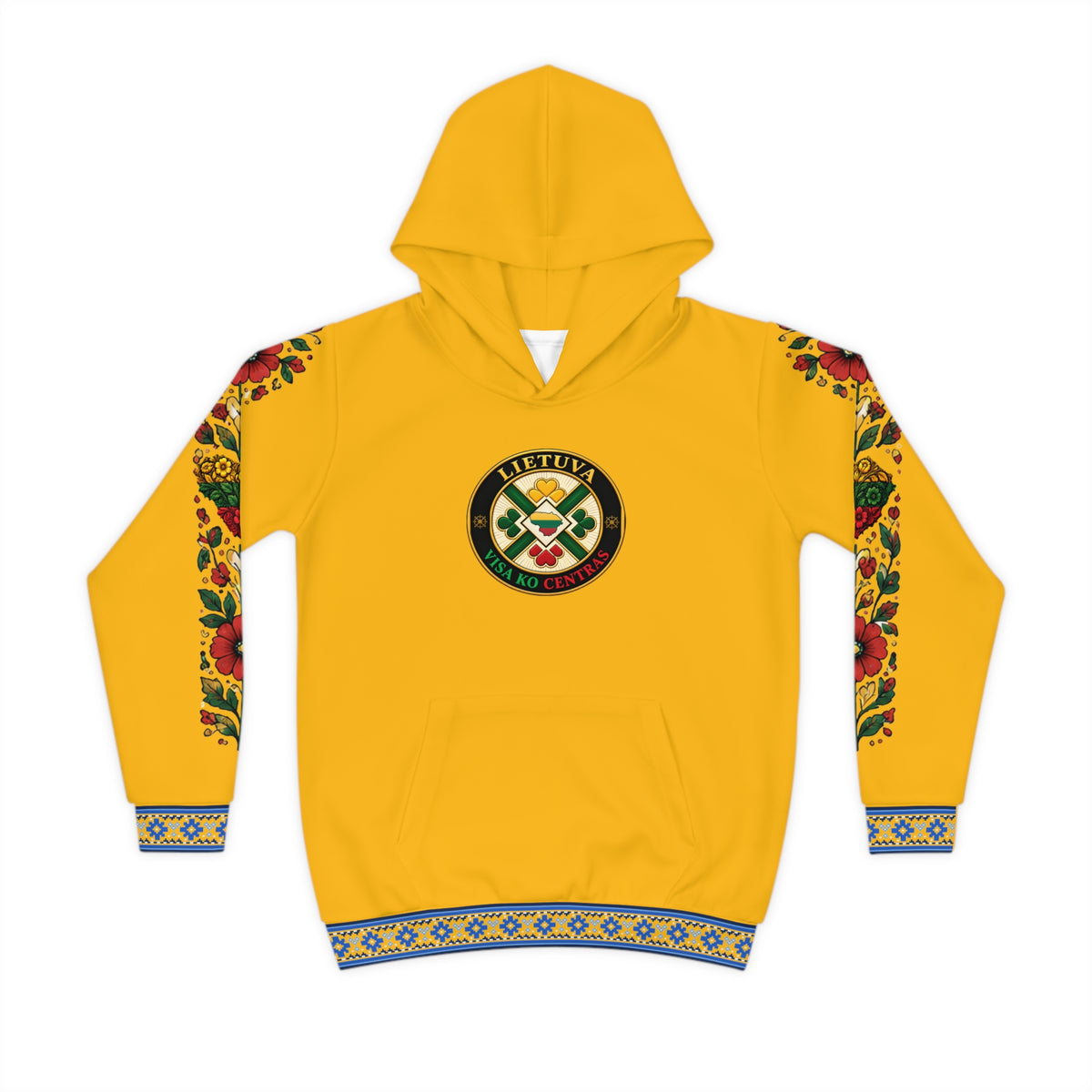 Blue Trim with Floral Sleeves; Yellow; Lietuva Visa ko Centras (Black), front; Lithuanian Cosmic Tree Heart, back; Youth Hoodie