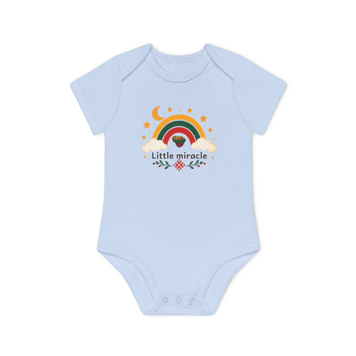 Little Miracle, front; Stebukla with Lithuanian Solar Cross, Baby Organic Short Sleeve Bodysuit