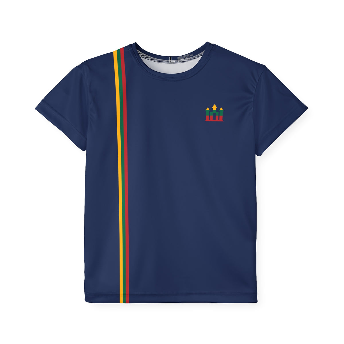 Lithuanian Flag Stripe, Gediminas columns, front; Stebuklas with Solar Cross, back; Kids Sports Jersey, Blue
