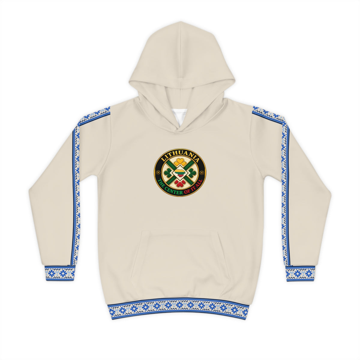 Blue Trim; Natural Linen; Lithuania the Center of it All (Black), front; Color Lithuanian Cosmic Tree Heart, back; Youth Hoodie