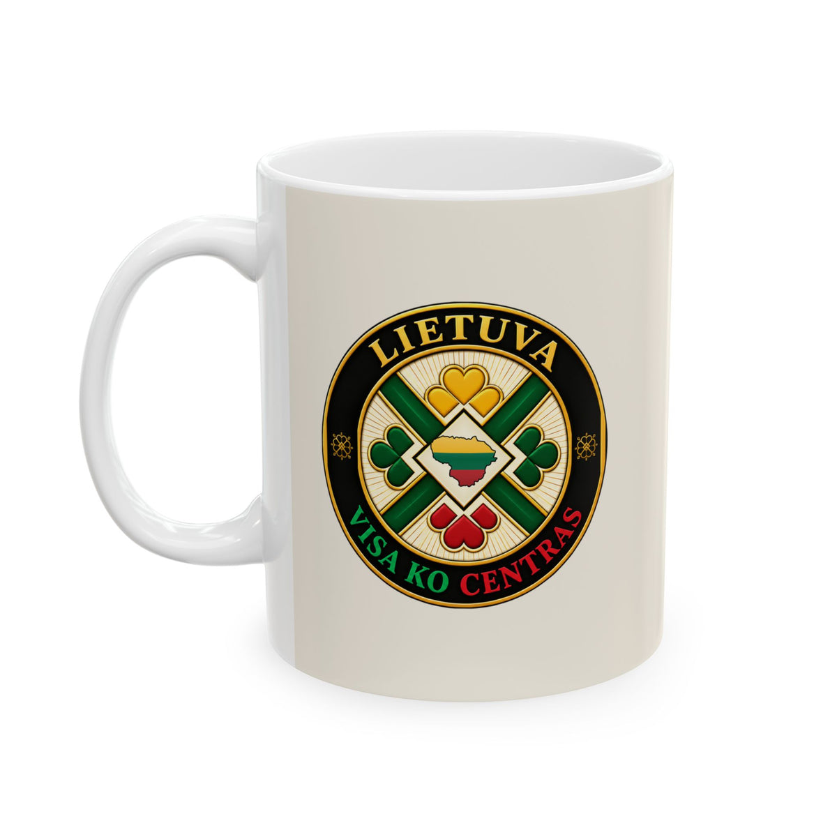Lietuva Visa Ko Centres, Lithuanian Knit Sweater Heart, Ceramic Mug, (11oz, 15oz), Cream Color