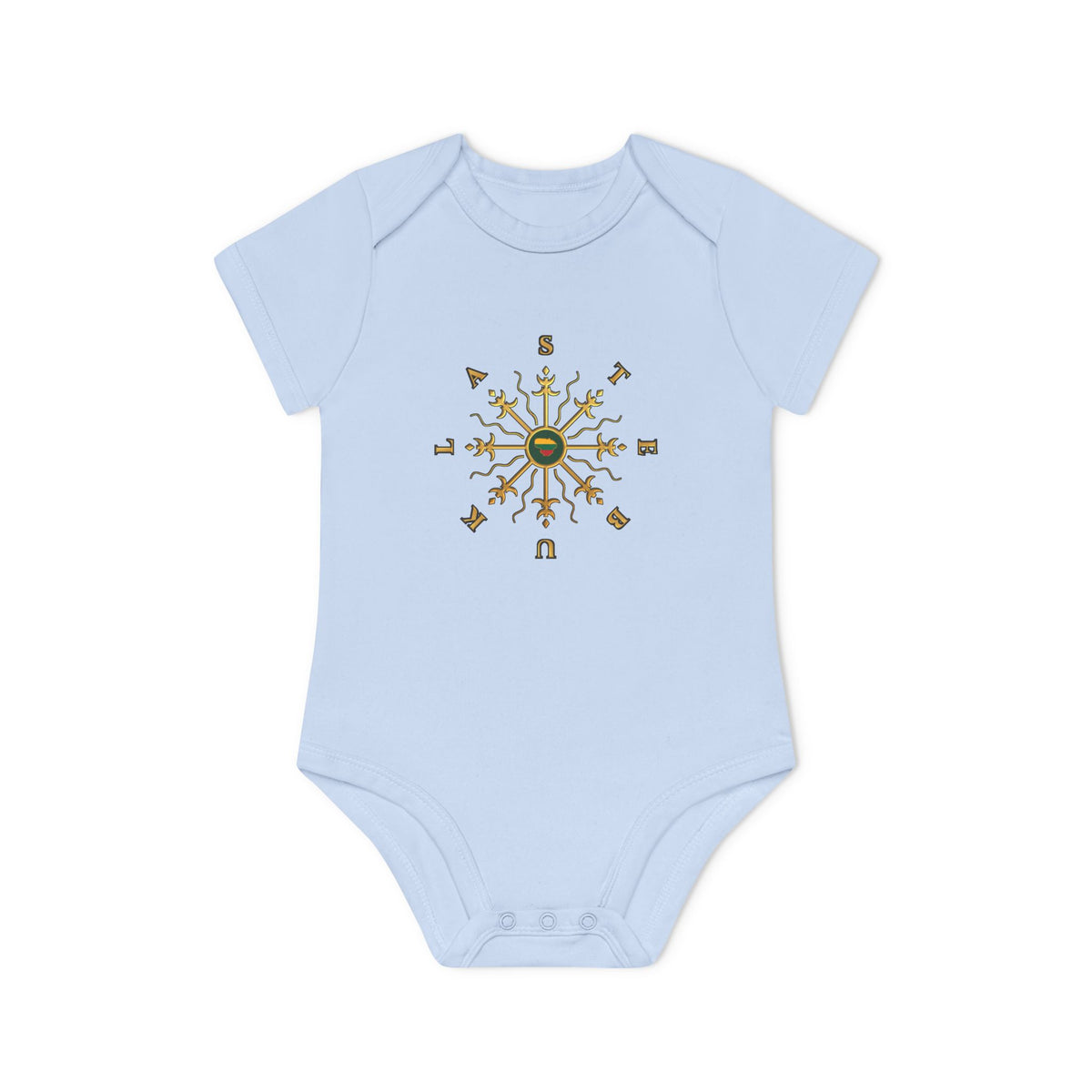 Stebuklas with Lithuanian Solar Cross, front; Mažas Stebuklas, back; Baby Organic Short Sleeve Bodysuit