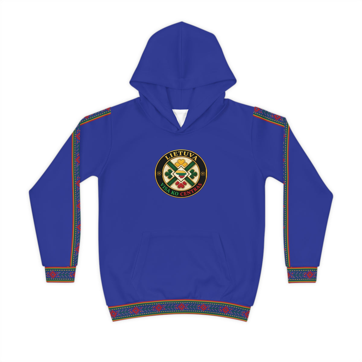 Yellow, Green  and Red Trim; Blue; Lietuva Visa ko Centras (Black), front; Lithuanian Design Lithuanian Cosmic Tree Heart, back; Youth Hoodie
