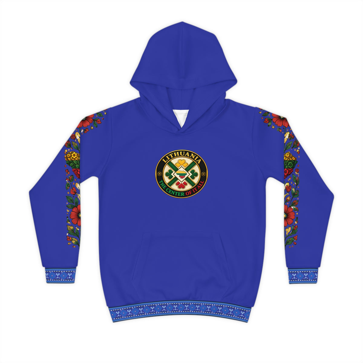 Blue Trim with Flower Sleeves; Blue; Lithuania the Center of it All (Black), front; Lithuanian Cosmic Tree of Life Heart, back; Youth Hoodie with Flower Sleeve