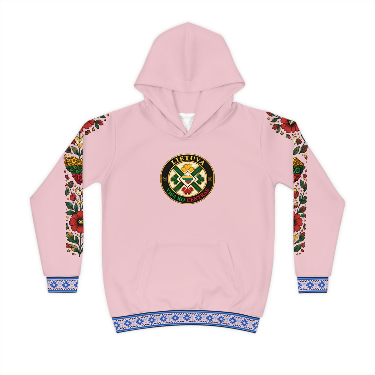 Blue Trim, Flower Sleeves; Pink; Lietuva Visa ko Centras (Black), front; Lithuanian Cosmic Tree Heart, back; Youth Hoodie