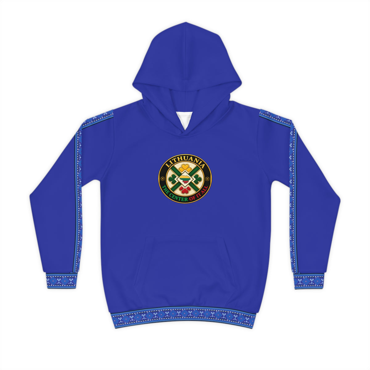 Blue Trim; Blue; Lithuania the Center of it All (Black), front; Lithuanian Cosmic Tree Heart, back; Youth Hoodie