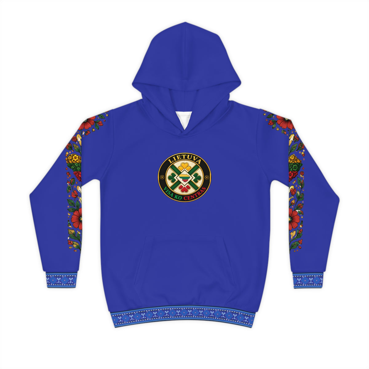 Blue Trim with Floral Sleeves; Blue; Lietuva Visa ko Centras (Black), front; Lithuanian Cosmic Tree Heart, back; Youth Hoodie