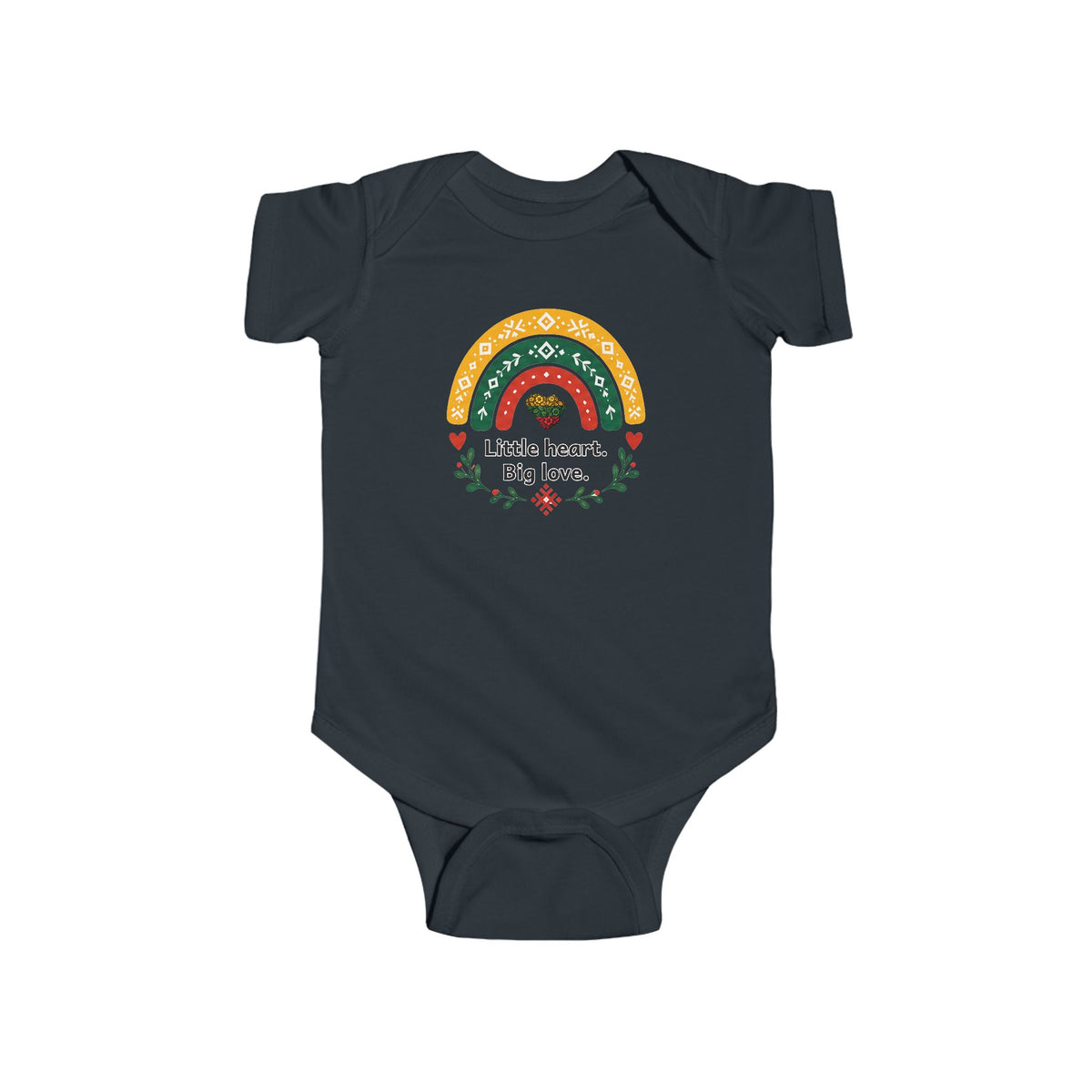 Little Heart Big Love, front; Stebukla Lithuanian Solar Cross, back; Bodysuit, Infant Onesie