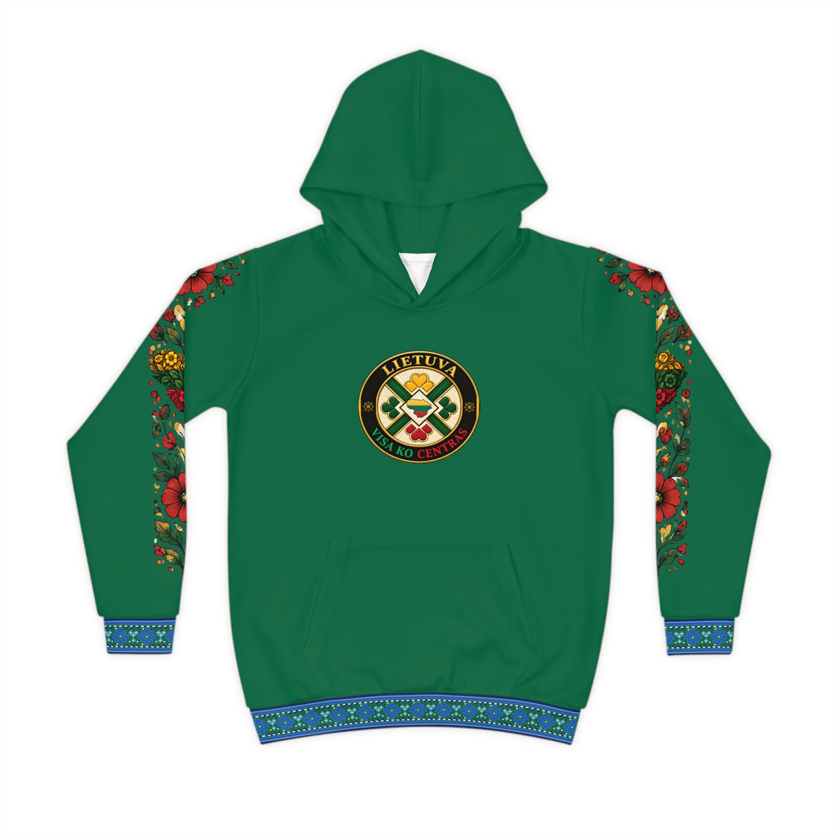 Blue Trim with Floral Sleeves, Lithuanian Flag Green; Lietuva Visa ko Centras, front, (Black); Lithuanian Cosmic Tree Heart; Youth Hoodie