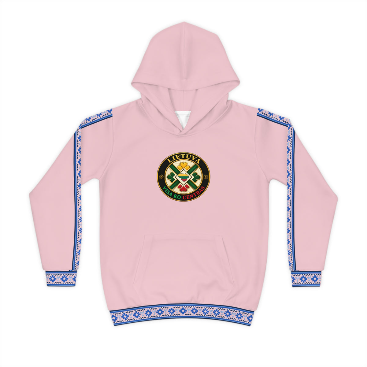 Blue Trim, Pink; Lietuva Visa ko Centras (Black), front; Lithuanian Cosmic Tree Heart, back; Youth Hoodie