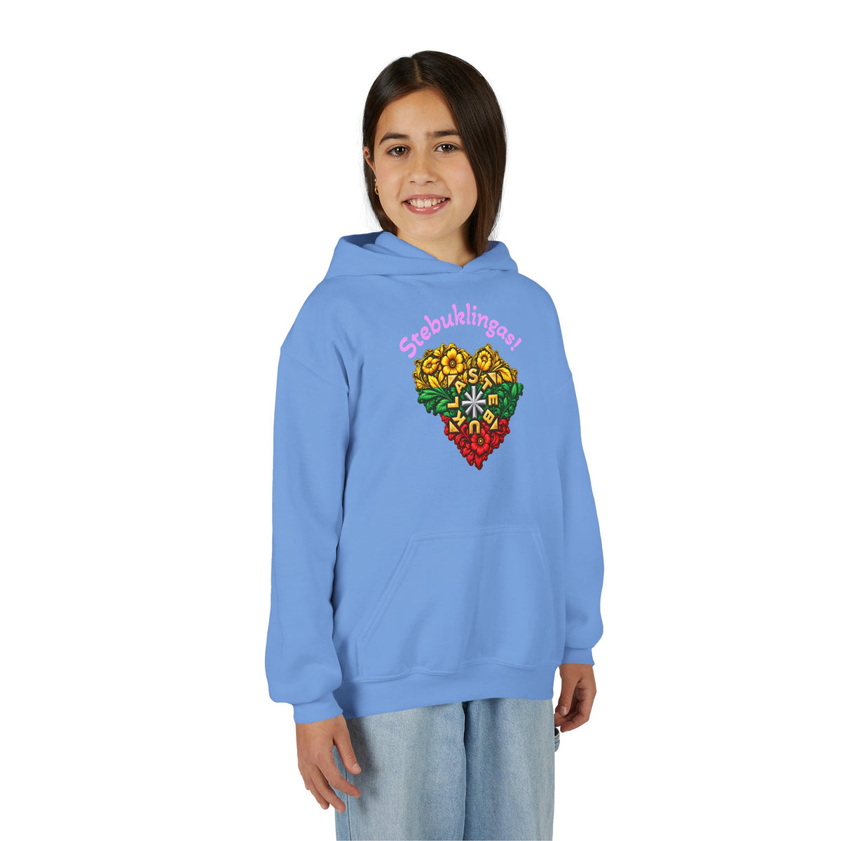 Stebukla Flower Heart, Stebuklinga!, Youth Heavy Blend Hooded Sweatshirt, Pink Text
