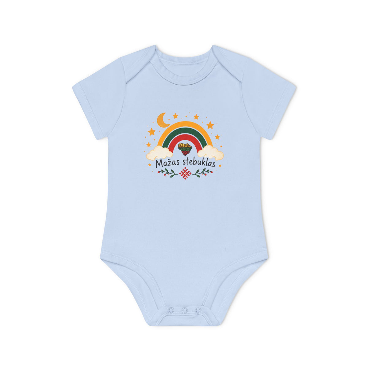 Maža Stebuklas, front; Stebukla with Lithuanian Solar Cross, Baby Organic Short Sleeve Bodysuit
