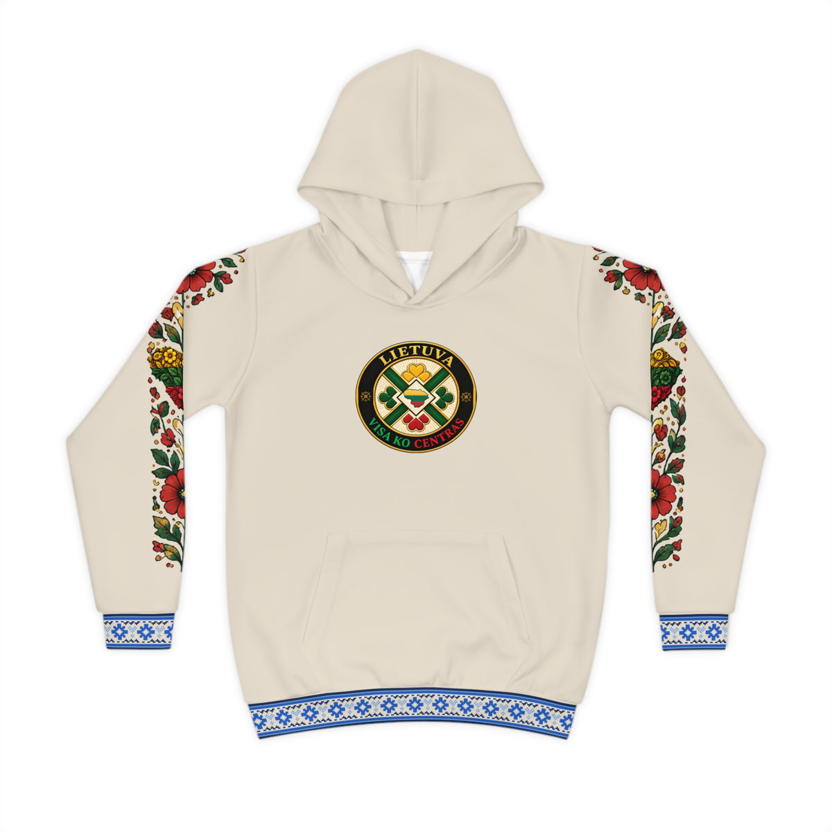 Blue Trim with Flower Sleeves; Natural Linen; Lietuva Visa ko Centras (Black), front; Lithuanian Cosmic Tree Heart, back; Youth Hoodie