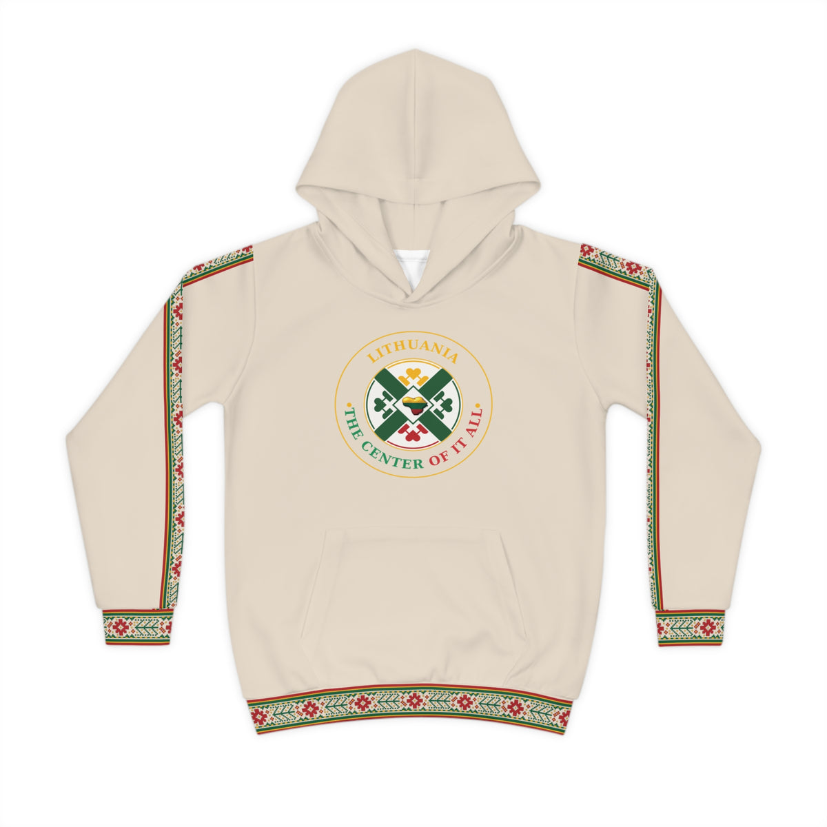 Lithuanian design on Natural Linen color Lithuanian Cosmic Tree Heart Design-Center of it All Youth Hoodie