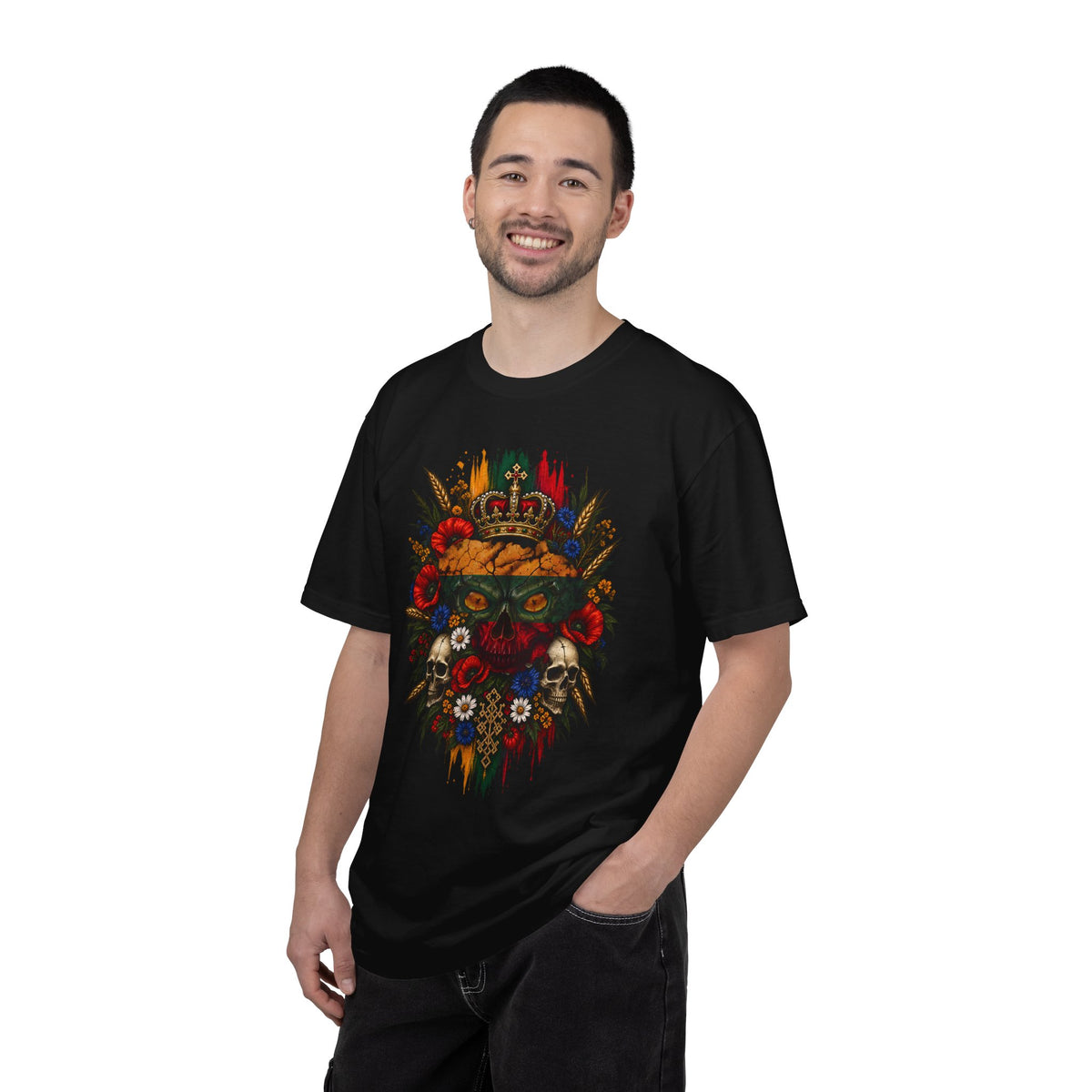 Lithuanian Menacing Flag Skull on Wreath, front; Stebukla with Lithuanian Solar Cross, back; Unisex Garment-Dyed T-shirt