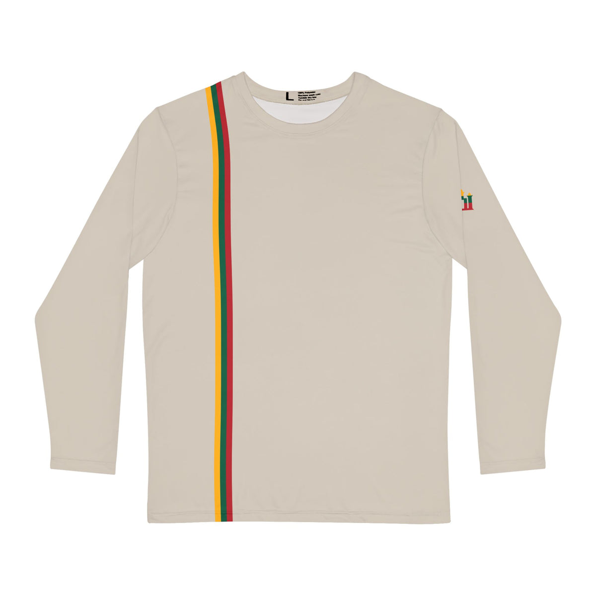 Men's Long Sleeve Shirt, Lithuanian Flag Stripe, front; Stebukla, back. Sand