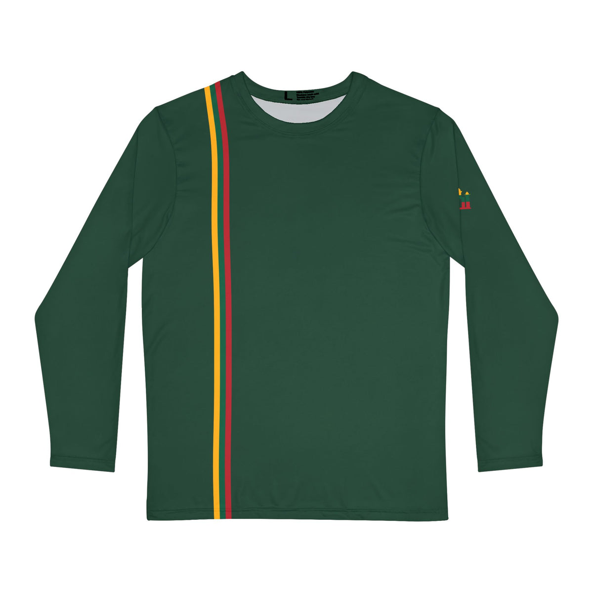Men's Long Sleeve Shirt, Forest Green; Lithuanian Flag Stripe, front; Stebukla with Solar Cross, back.