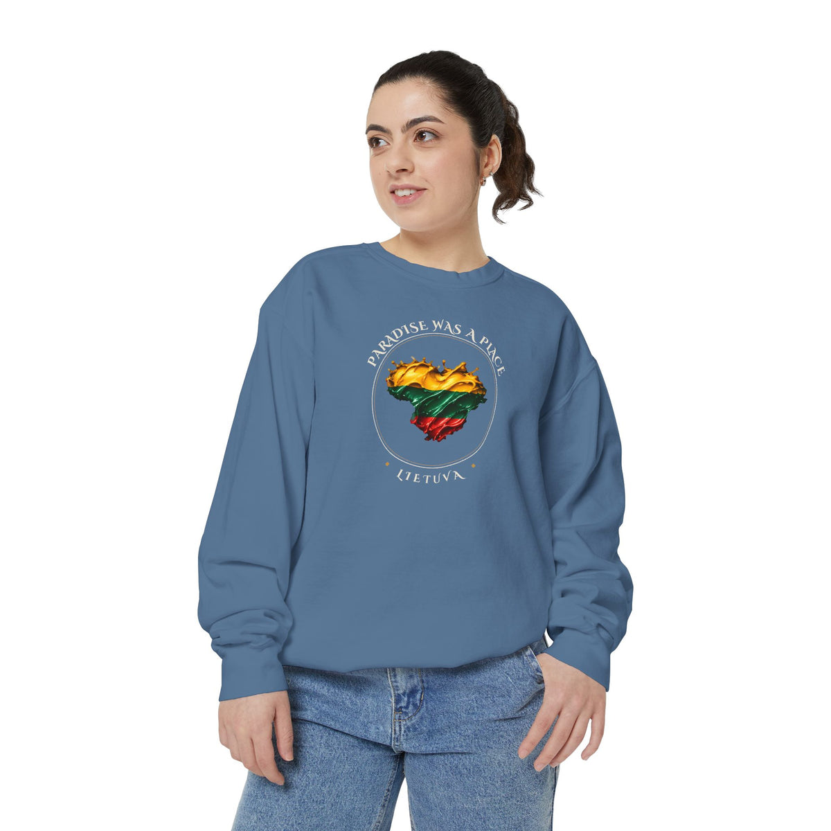 Paradise was a Place, Splashed Paint Heart, front; Stebuklas with Solar Cross, back; Unisex Garment-Dyed Sweatshirt