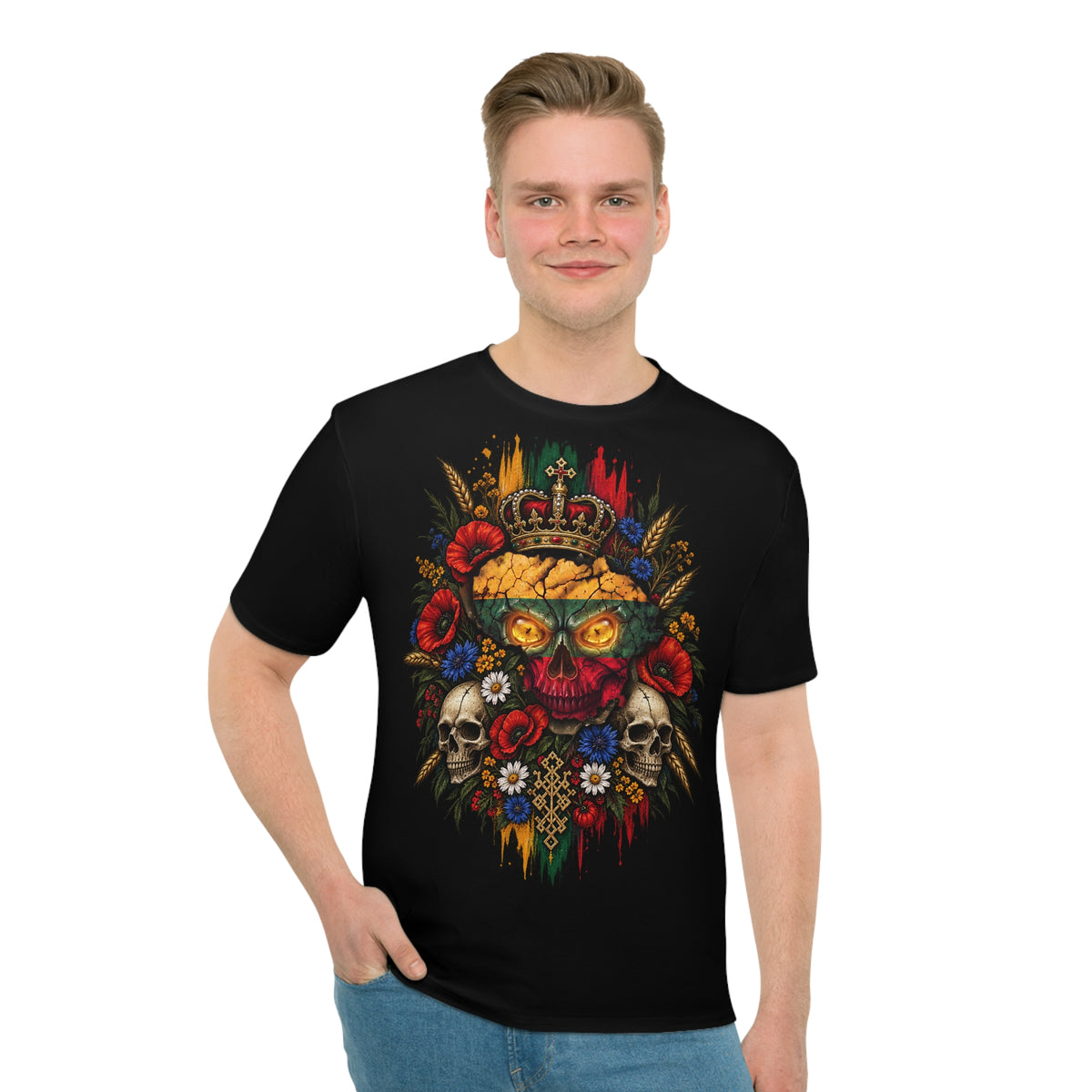 Lithuanian Flag Skull on TriColored Wreath in Front, Lithuanian Crest Design on back, Men's Loose T-shirt