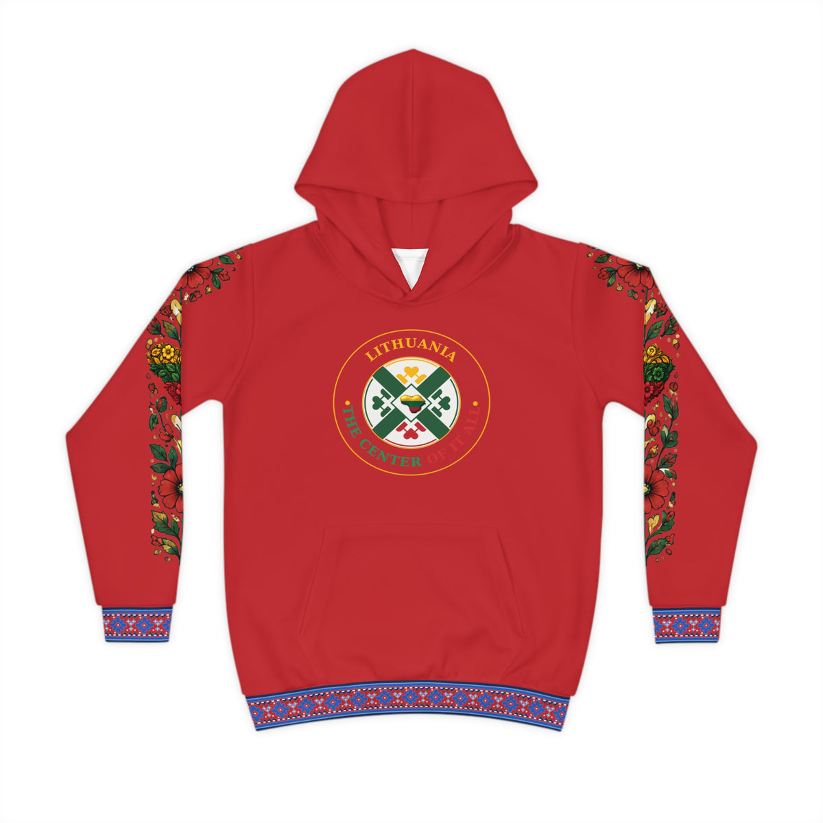Red Lithuanian Cosmic Tree Heart Design-Center of it All Youth Hoodie with Flower Sleeve