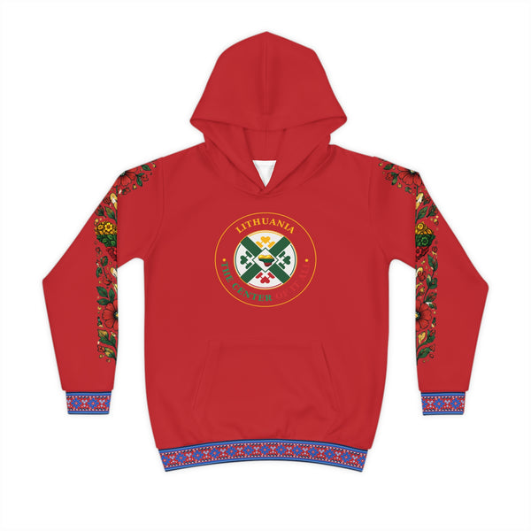 Red Lithuanian Cosmic Tree Heart Design-Center of it All Youth Hoodie with Flower Sleeve