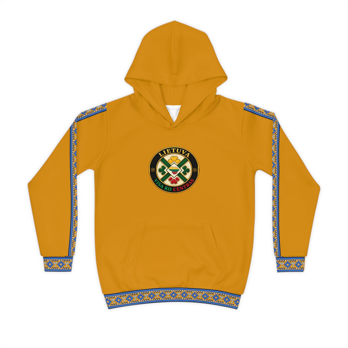 Blue Trim, Amber Colored; Lietuva Visa ko Centras (Black), front; Lithuanian Cosmic Tree Heart, back; Youth Hoodie