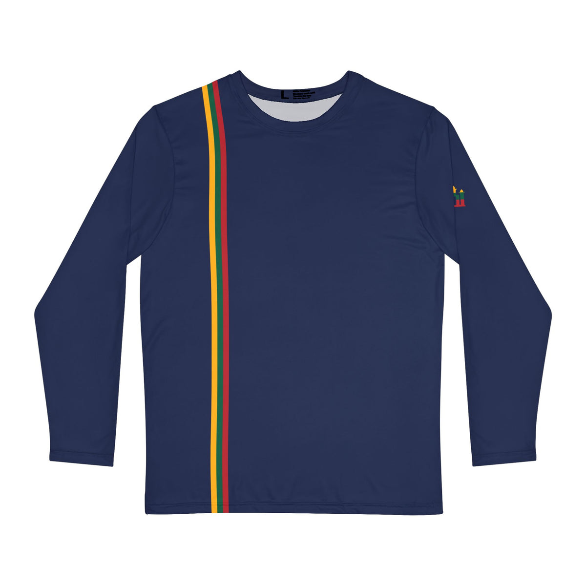 Men's Long Sleeve Shirt, Lithuanian Flag Stripe, front; Stebukla with Solar Cross, back. Navy Blue