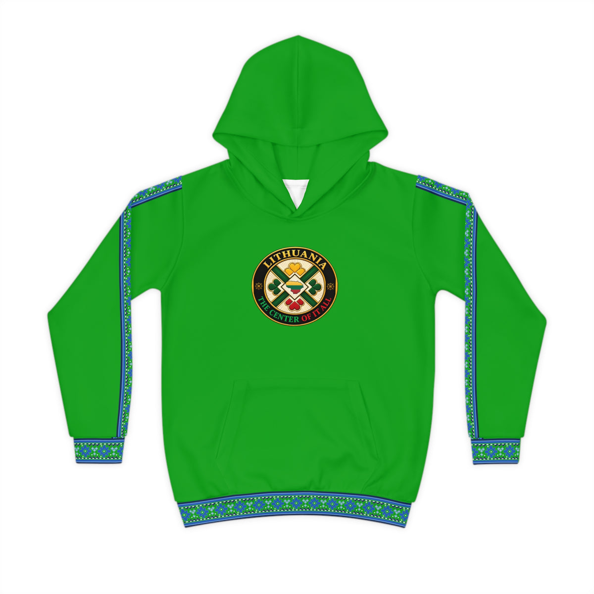 Blue Trim; Green, Lithuania the Center of it All (Black), front; Lithuanian Cosmic Tree Heart, back; Youth Hoodie