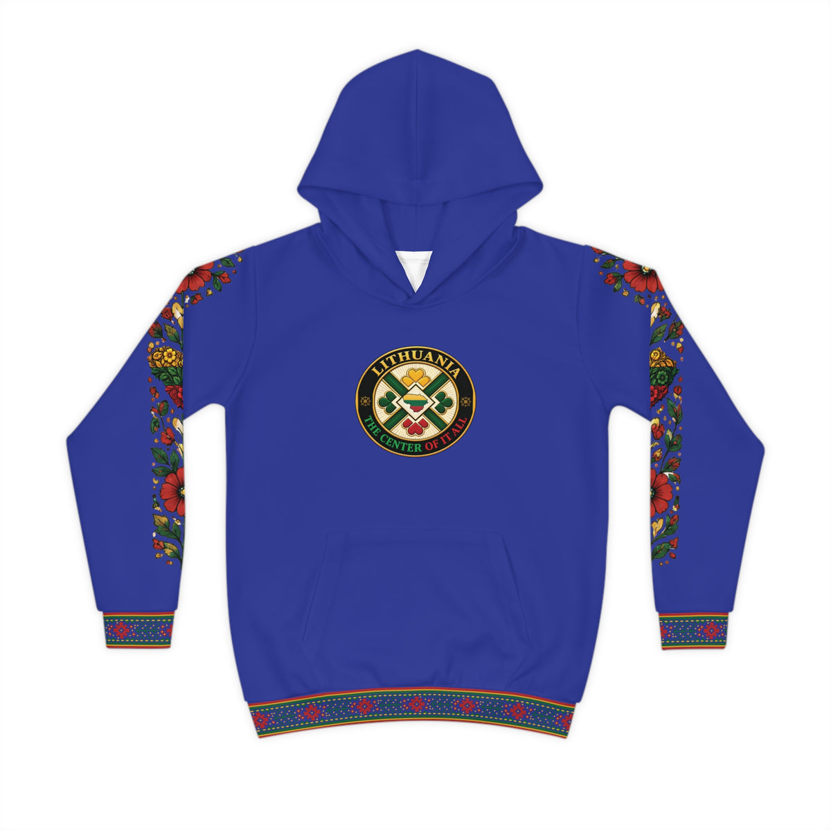 Yellow, Green and Red Trim with Flower Sleeves; Blue; Lithuania the Center of it All (Black), front; Lithuanian Cosmic Tree Heart, back; Youth Hoodie