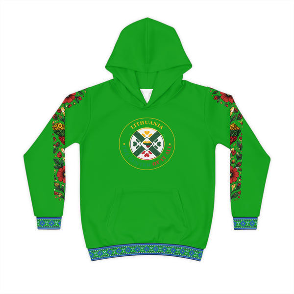 Green Lithuanian Cosmic Tree Heart Design-Center of it All Youth Hoodie with Flower Sleeve