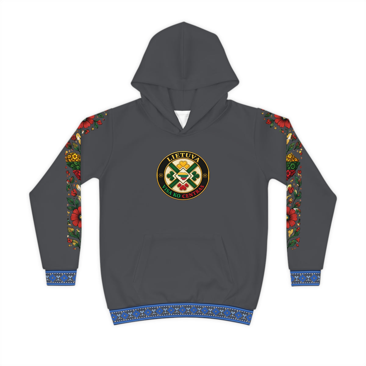 Blue Trim, Flower Sleeve; Graphite; Lietuva Visa ko Centras (Black), front; Lithuanian Cosmic Tree Heart, back; Youth Hoodie
