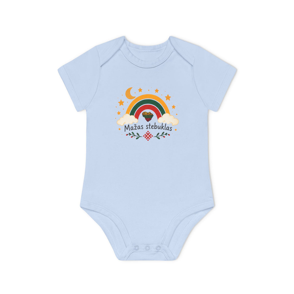 Mazas Stebuklas, front; Stebukla with Brand Logo, back; Baby Organic Short Sleeve Bodysuit
