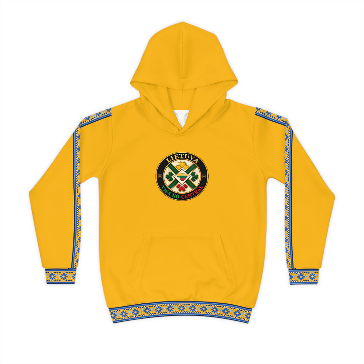 Blue Trim, Lithuanian Flag Yellow; Lietuva Visa ko Centras (Black), front;  Lithuanian Cosmic Tree Heart; Youth Hoodie