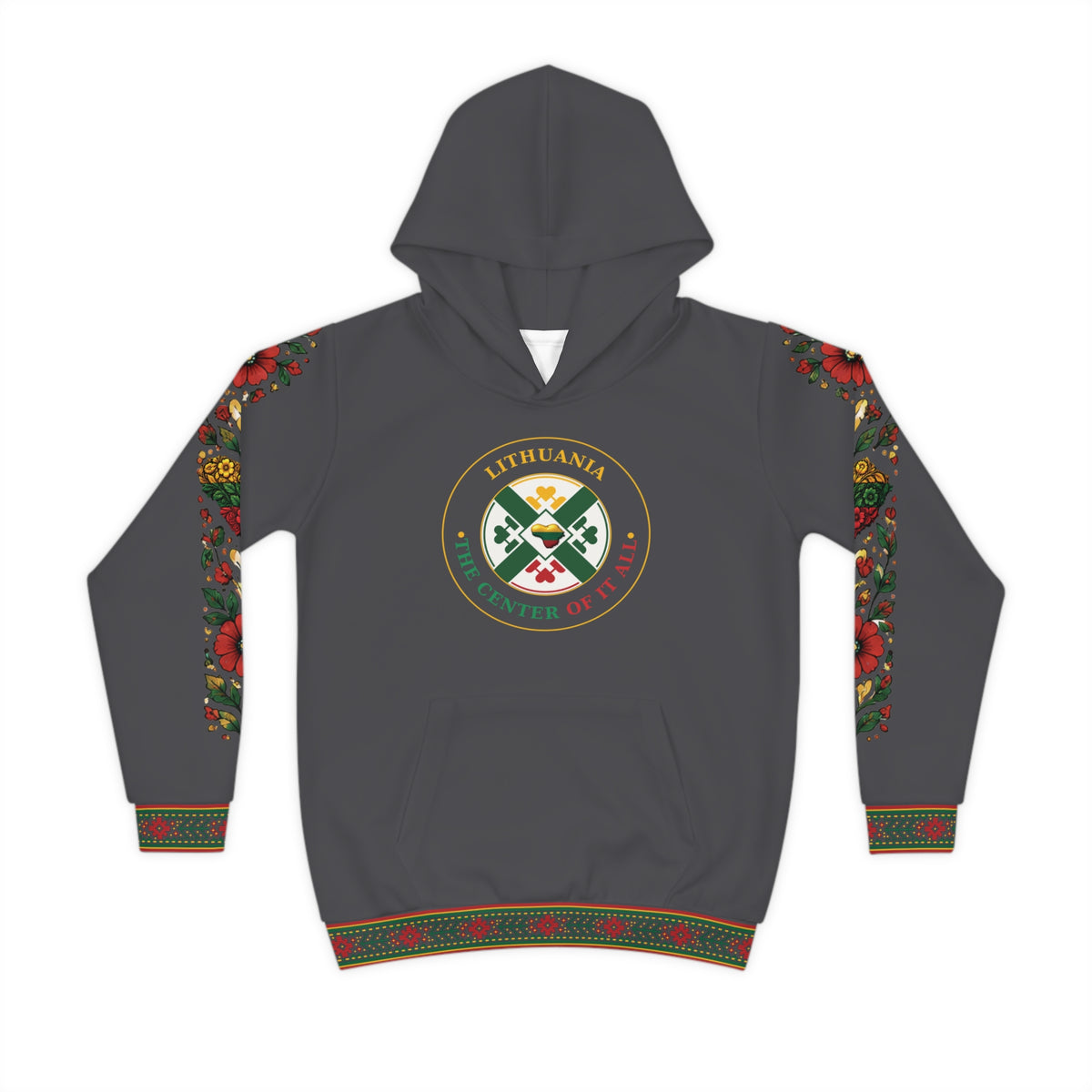 Lithuanian design on Graphite Color Lithuanian Cosmic Tree Heart Design-Center of it All Youth Hoodie with Flower Sleeve