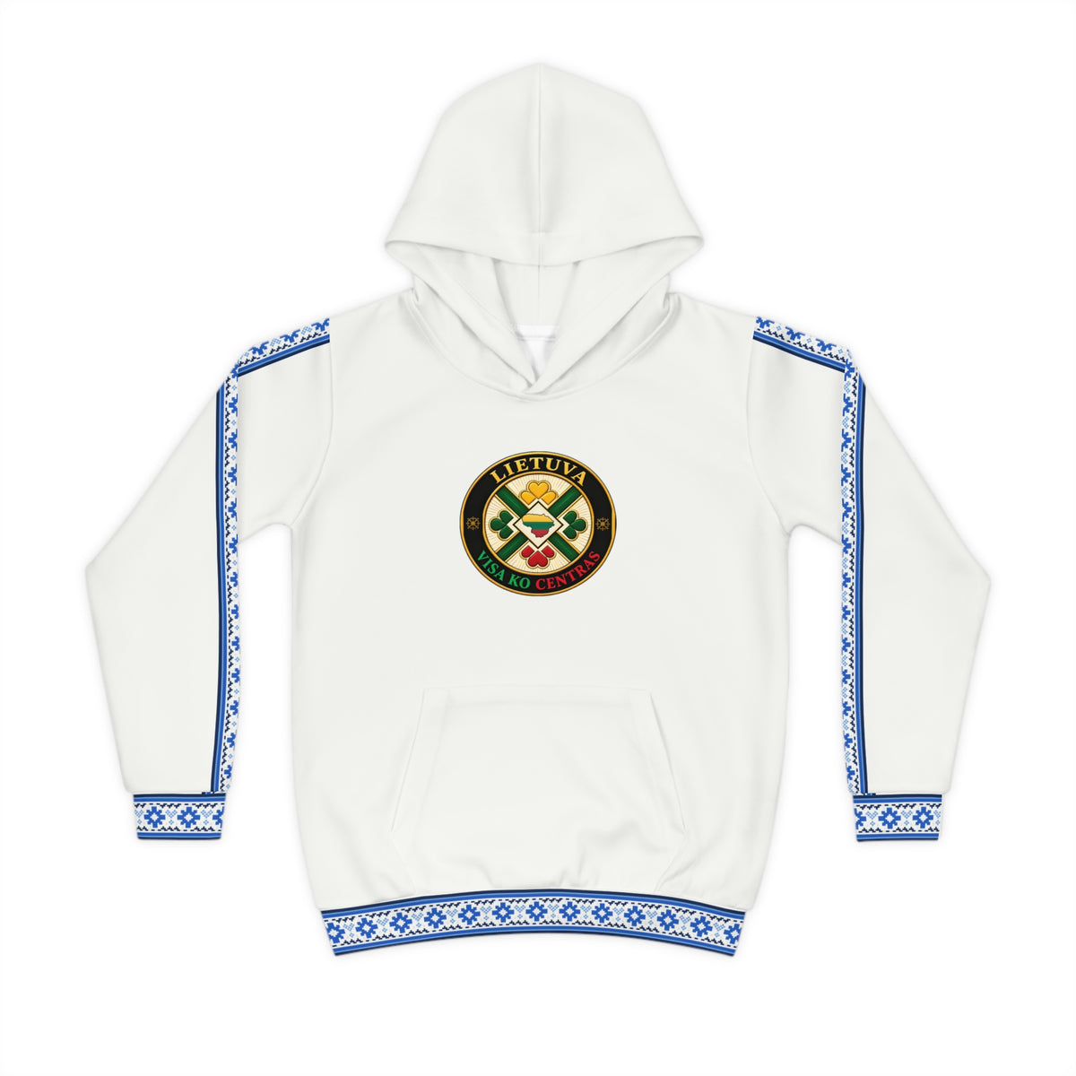 Blue Trim, Crisp White, Lietuva visa ko Centras (Black), front; Lithuanian Cosmic Tree Heart, back; Youth Hoodie