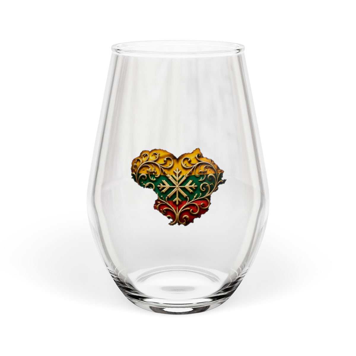 Lithuanian Gold Covered Heart, Stemless Wine Glass, 11.75oz