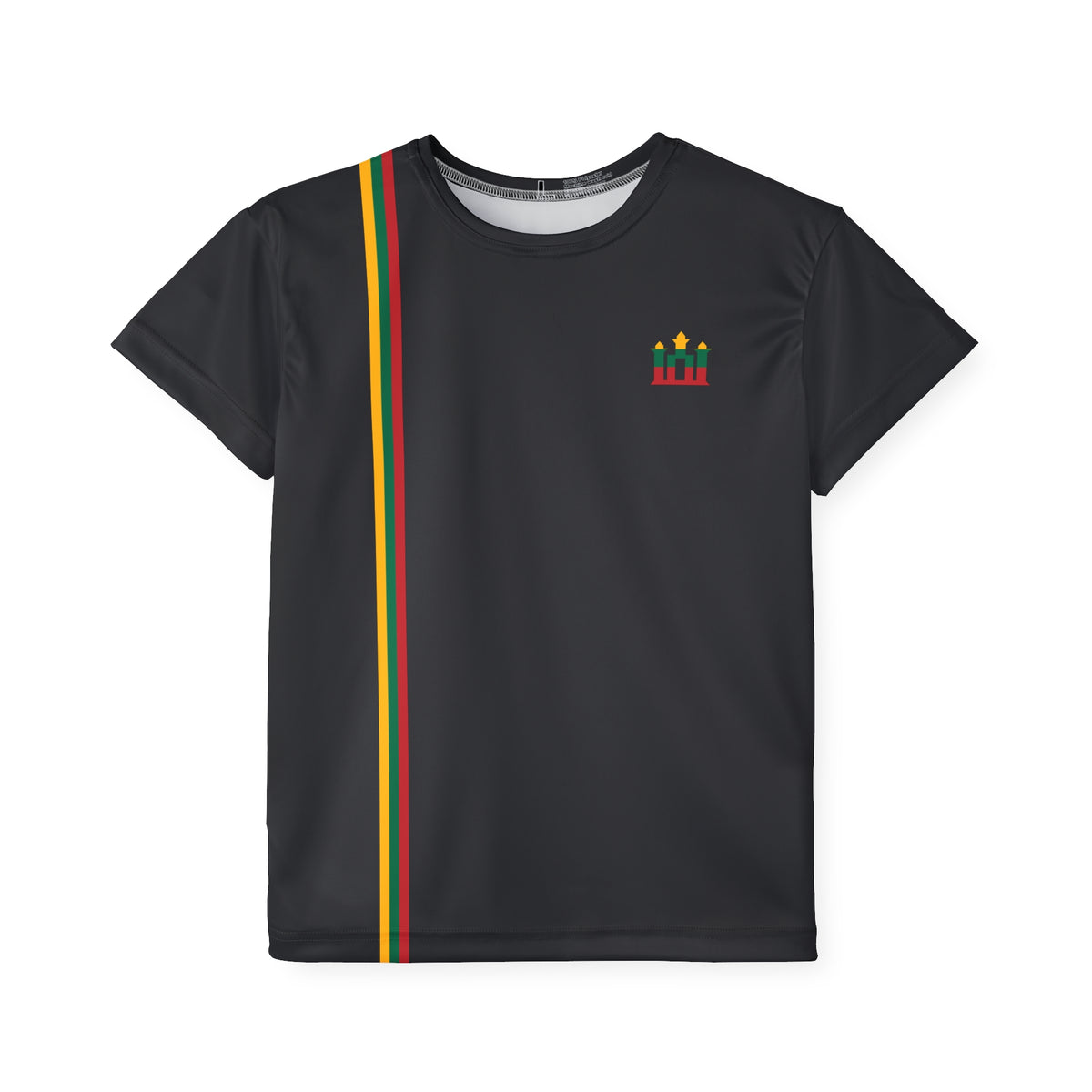 Lithuanian Flag Stripe, Gediminas columns, front; Stebuklas with Solar Cross, back; Kids Sports Jersey, Black