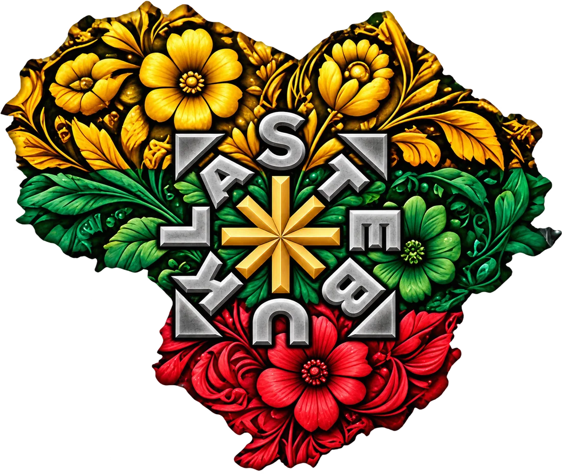 The Stebukla heart: Lithuania in yellow, green and red flowers around a silver compass reading Stebukla